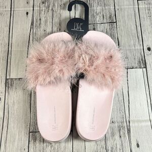 INC International Concept Women's Fur Slippers Slide Open Toe Pink XL 11/12